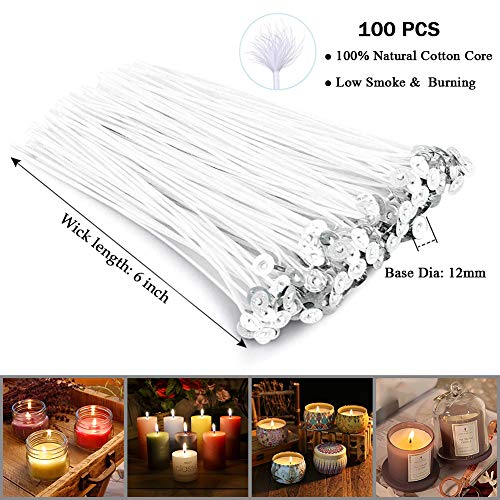 Bulk Candle Wicks 100 Pcs with 60Pcs Candle Wick Stickers and 10 Pcs Wooden Candle Wick Centering Device for Soy Beeswax Candle Making (6inch)