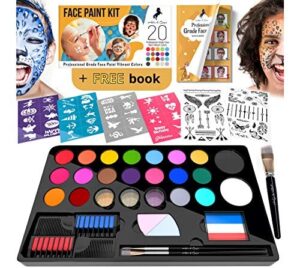 adis&guys face painting kit for kids – 20 water based, quick dry, non-toxic sensitive skin paints, 3 glitters, 2 temporary hair chalks combs, 3 paint brushes, 40 stencils, 2 tattoos sheets , face painting book 20 face paint kit 20 face paint kit