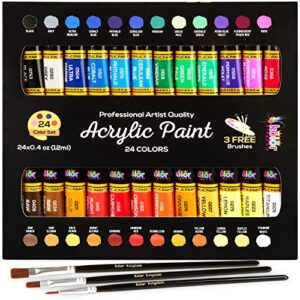 Acrylic Paint Set 24 Colors (0.41 oz, 12 ml) Paint Kit For Artists & Beginners Craft Paints for Paper,Canvas,Rock Painting,Wood,Ceramic & Fabric Vibrant -Non-Toxic including 3 paint brushes