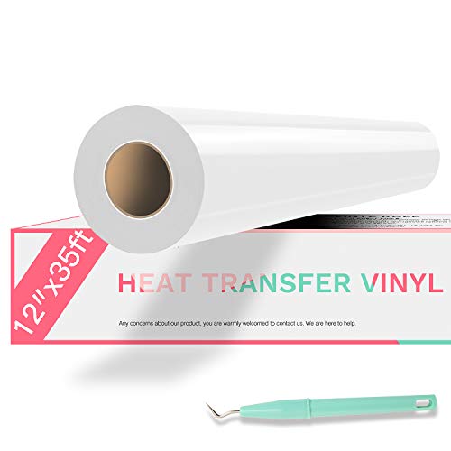 HTVRONT HTV Vinyl Rolls Heat Transfer Vinyl - 12" x 35ft White HTV Vinyl for Shirts, Iron on Vinyl for Cricut & Cameo - Easy to Cut & Weed for Heat Vinyl Design (White)