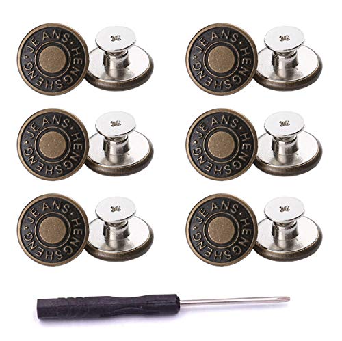 12 Pcs Button for Sewing Metal Jeans ,ICEYLI 17 mm No-Sew Nailess Removable Metal Jeans Buttons Replacement Repair Combo Thread Rivets and Screwdrivers