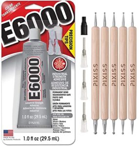 e6000 1-ounce tube with precision tips industrial strength adhesive for crafting and pixiss wooden art dotting stylus pens 5 pcs set – rhinestone applicator kit