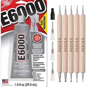 E6000 1-Ounce Tube with Precision Tips Industrial Strength Adhesive for Crafting and Pixiss Wooden Art Dotting Stylus Pens 5 pcs Set - Rhinestone Applicator Kit