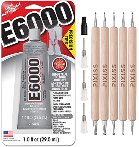 E6000 1-Ounce Tube with Precision Tips Industrial Strength Adhesive for Crafting and Pixiss Wooden Art Dotting Stylus Pens 5 pcs Set - Rhinestone Applicator Kit