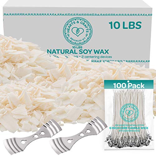 Hearts & Crafts Natural Soy Candle Wax and Candle Making Wax Supplies - 10 lbs Soy Wax for Candle Making - 100 6-Inch Pre-Waxed Candle Wicks - 2 Metal Centering Devices - 10 Pounds Soy Wax Flakes