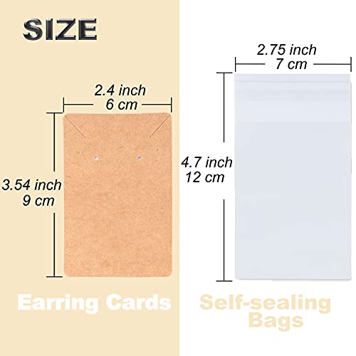 Earring Cards, Set Earring Display Cards with 100 Pcs Earring Holder Cards 200 Pcs Earring Backs and 100 Jewelry Packaging for Earrings Necklace Jewelry Display, Jewelry Bags 3.5x2.4 Inches (Brown)