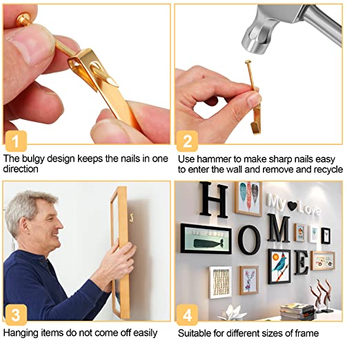 184 Pieces Picture Hanging Kit, 20lb, 30lb, and 50lb Picture Hangers, Metal Picture Hanging Hooks with Nails, on Drywall, Wooden Wall(Gold)