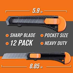 REXBETI 12-Pack Utility Knife, Retractable Box Cutter for Cartons, Cardboard and Boxes, 18mm Wider Razor Sharp Blade, Smooth Mechanism, Perfect for Office and Home use