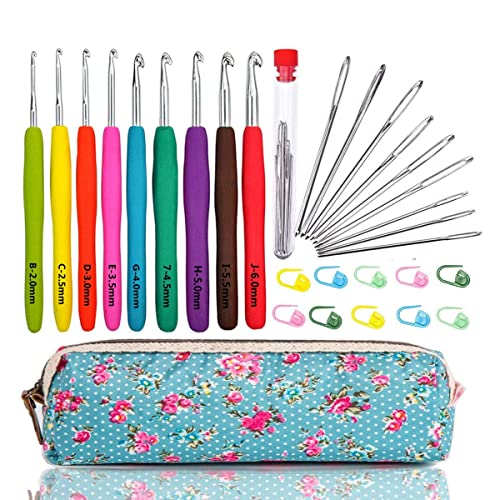 WooCrafts Large-Eye Blunt Needles Yarn Knitting Plus Crochet Hooks Set with Case,Ergonomic Handle Crochet Hooks Needles for Arthritic Hands.Best Gift!