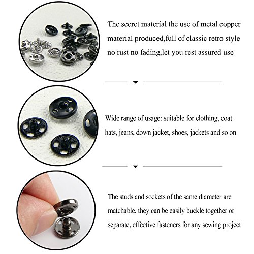 Kenkio 120 Sets Sew-on Snap Buttons Metal Snaps Fasteners Press Studs Buttons for Sewing , 8 mm and 10 mm,Black and Silver