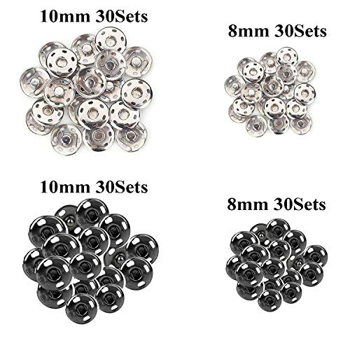 Kenkio 120 Sets Sew-on Snap Buttons Metal Snaps Fasteners Press Studs Buttons for Sewing , 8 mm and 10 mm,Black and Silver