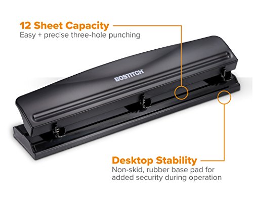 Bostitch Office 3 Hole Punch, Durable Metal,Rubber Base, 12 Sheets, Black (KT-HP12-BLK), 1 Pack