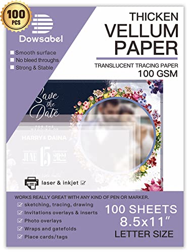 Translucent Vellum Paper, Dowsabel 68LBS 8.5 x 11 inches Printable Vellums for Card Overlays, Invitations Belly Bands, Envelope, Lantern,50 Sheets