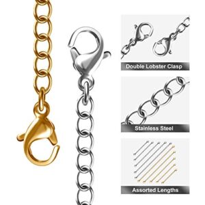 Necklace Extenders, 10Pcs Stainless Steel Gold Silver Necklace Bracelet Anklet Extension Chains with Lobster Clasps and Closures for Jewelry Making