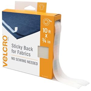 velcro brand sticky back for fabrics, 10 ft bulk roll no sew tape with adhesive, cut strips to length permanent bond to clothing for hemming replace zippers and snaps, white