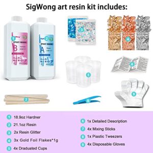 Epoxy Resin Clear Crystal Coating Kit 40oz - 2 Part Casting Resin for Art, Craft, Jewelry Making, River Tables, Bonus Gloves, Measuring Cup, Wooden Sticks, Dropper, Gold Foil Flakes and Tweezers