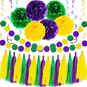 32pcs mardi gras decorations party favors supplies, mardi gras decor props backdrop, hanging swirl tissue paper pom poms garland flowers for birthday baby shower