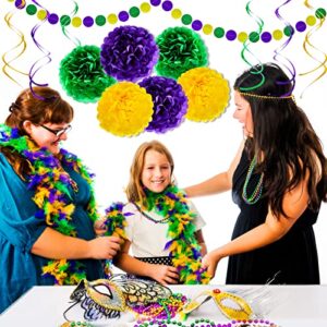 32PCS Mardi Gras Decorations Party Favors Supplies, Mardi Gras Decor Props Backdrop, Hanging Swirl Tissue Paper Pom Poms Garland Flowers for Birthday Baby Shower