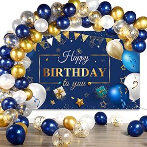 navy blue birthday confetti balloons kit set 50 pieces blue birthday photography backdrop banner package for boys girls men women birthday party decorations supplies (navy blue and gold)