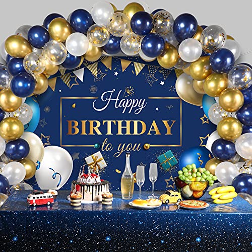 Navy Blue Birthday Confetti Balloons Kit Set 50 Pieces Blue Birthday Photography Backdrop Banner Package for Boys Girls Men Women Birthday Party Decorations Supplies (Navy Blue and Gold)