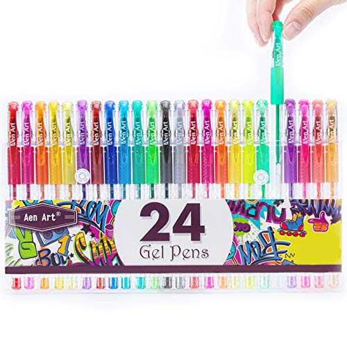 Glitter Gel Pens Colored Fine Tip Markers with 40% More Ink for Adult Coloring Books, Drawing and Doodling (24 Colors)