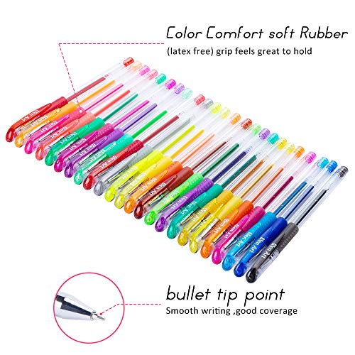 Glitter Gel Pens Colored Fine Tip Markers with 40% More Ink for Adult Coloring Books, Drawing and Doodling (24 Colors)