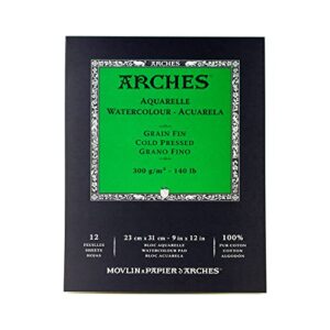 arches watercolor pad 9×12-inch natural white 100% cotton paper – 12 sheet arches watercolor paper 140 lb cold press pad – arches art paper for watercolor gouache ink acrylic and more