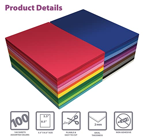 100 Pack EVA Foam Sheets, 5.5 x 8.5 Inch, Assorted Colors (20 Colors), 2mm Thick, by Better Office Products, for Arts and Crafts, 100 Sheets