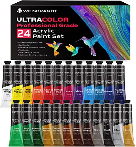 WEISBRANDT UltraColor Artist Quality Acrylic Paint Set, 24 Vibrant Colors, 0.74 oz/22ml Tubes, for Canvas, Wood, Ceramic, Fabric, Non Toxic-Fading