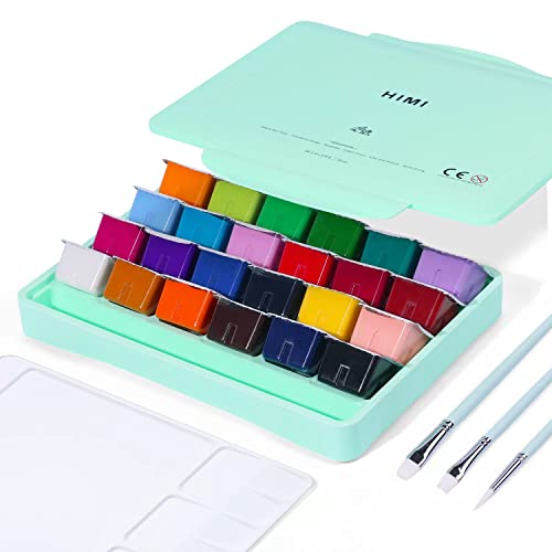 HIMI Gouache Paint Set, 24 Colors x 30ml Unique Jelly Cup Design with 3 Paint Brushes and a Palette in a Carrying Case Perfect for Artists, Students, Gouache Opaque Watercolor Painting (Green)