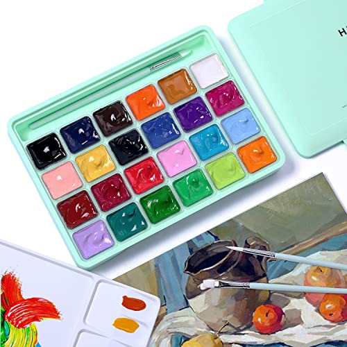 HIMI Gouache Paint Set, 24 Colors x 30ml Unique Jelly Cup Design with 3 Paint Brushes and a Palette in a Carrying Case Perfect for Artists, Students, Gouache Opaque Watercolor Painting (Green)