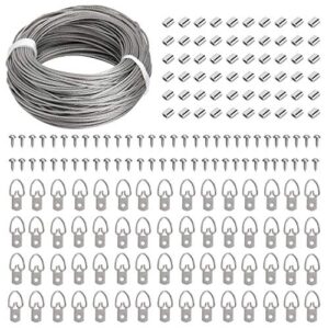 picture hanging kit – 100 feet stainless steel hanging wire, 60 pcs d ring picture hangers with screws and 60 pcs aluminum crimping loop sleeve for hanging paintings photos