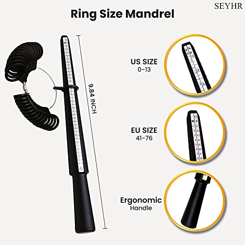 SEYHR Ring Sizer Measuring Tool Set with Ring Mandrel US Size 1-13 EU 41-76 Black Ring Sizing Kit & Transparent Ring Sizer Adjuster for Loose Rings with Microfiber Polishing Cloth