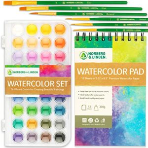 norberg & linden watercolor paint set – 36 premium paints – 12 page pad – 6 brushes – painting supplies with palette, watercolors, art pad paper and artist brushes