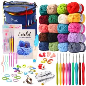 crochet kit for beginners adults and kids – make amigurumi and crocheting kit projects – beginner crochet kit includes 20 colors crochet yarn, crochet hooks, book, crochet bag etc, crochet starter kit