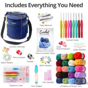 Crochet Kit for Beginners Adults and Kids - Make Amigurumi and Crocheting Kit Projects - Beginner Crochet Kit Includes 20 Colors Crochet Yarn, Crochet Hooks, Book, Crochet Bag etc, Crochet Starter Kit