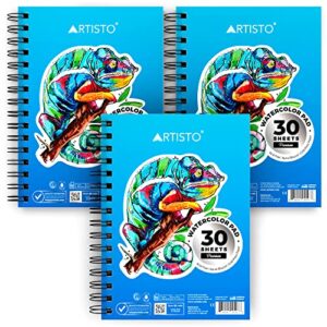 artisto watercolor pads 5.5×8.5”, pack of 3 (90 sheets), spiral bound, acid-free paper, 140lb (300gsm), perfect for most wet & dry media, ideal for beginners, artists & professionals