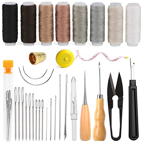 Upholstery Repair Sewing Kit Heavy Duty Sewing Kit with Sewing Awl, Seam Ripper, Hand Sewing Stitching Needles, Sewing Thread, Leather Craft Tool Kit for Shoes Sofa Tent Carpet Leather Craft DIY