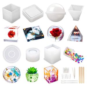 resin molds silicone kit 20pcs,epoxy resin molds including sphere,cube,pyramid,square,round, used for create art,diy,ash trays,coasters,candles.bonus decorative sequins and the complete set tools