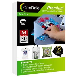 cendale dtf transfer film – a4(8.3″ x 11.7″) 30 sheets double-sided matte clear pretreat sheets- pet heat transfer paper for dyi direct print on t-shirts textile