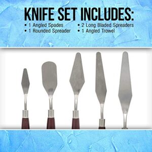 U.S. Art Supply 5-Piece Stainless Steel Palette Knife Set - Flexible Spatula Painting Knives for Color Mixing, Spreading, Applying Oil & Acrylic Paint on Canvases, Cake Icing, 3D Printer Removal Tool