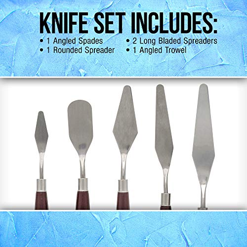 U.S. Art Supply 5-Piece Stainless Steel Palette Knife Set - Flexible Spatula Painting Knives for Color Mixing, Spreading, Applying Oil & Acrylic Paint on Canvases, Cake Icing, 3D Printer Removal Tool