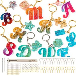 mocoosy 182pcs reversed silicone alphabet resin molds kit, fancy letter & ornament molds epoxy resin casting molds resin keychain making set with 1 hand drill 2 drill bits 30 key rings 100 screw pins