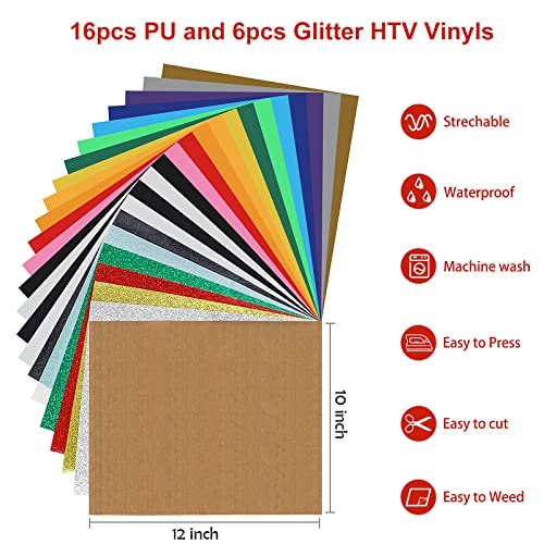 Iron on Vinyl Heat Transfer Vinyl 22 Pack Includes 16 Pack Assorted Colors Sheets and 6 Pack Glitter Sheets for T-Shirts Works with Cricut, Silhouette Cameo（10in x 12in）