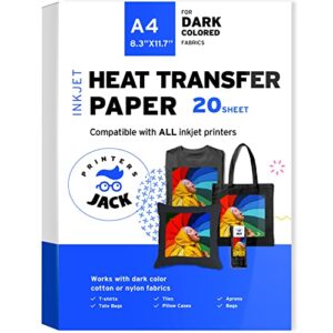 printers jack iron-on heat transfer paper for dark fabric 20 pack 8.3×11.7″ t-shirt transfer paper for inkjet printer wash durable, long lasting transfer, no cracking