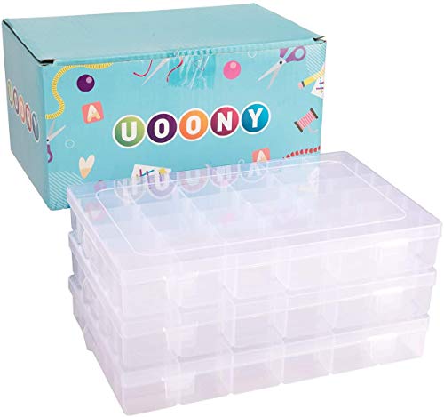 UOONY 3 Pack 36 Grids Plastic Organizer Box Craft Storage with Adjustable Dividers, Bead Organizer Container for Earrings Fishing Tackles Crafts Jewelry Thread with 400pcs Label Stickers