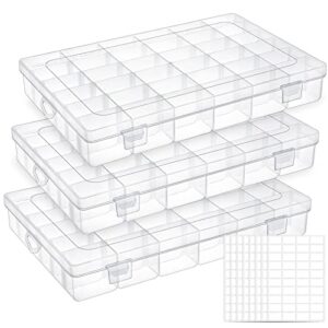 uoony 3 pack 36 grids plastic organizer box craft storage with adjustable dividers, bead organizer container for earrings fishing tackles crafts jewelry thread with 400pcs label stickers