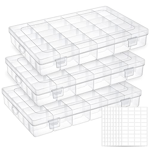 UOONY 3 Pack 36 Grids Plastic Organizer Box Craft Storage with Adjustable Dividers, Bead Organizer Container for Earrings Fishing Tackles Crafts Jewelry Thread with 400pcs Label Stickers