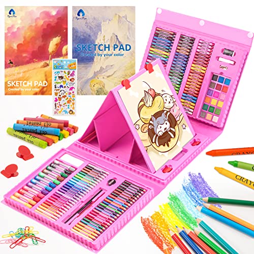 Art Supplies, 240-Piece Drawing Art Kit, Gifts Art Set Case with Double Sided Trifold Easel, Includes Oil Pastels, Crayons, Colored Pencils, Watercolor Cakes, Sketch Pad (Pink)