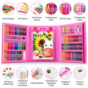 Art Supplies, 240-Piece Drawing Art Kit, Gifts Art Set Case with Double Sided Trifold Easel, Includes Oil Pastels, Crayons, Colored Pencils, Watercolor Cakes, Sketch Pad (Pink)
